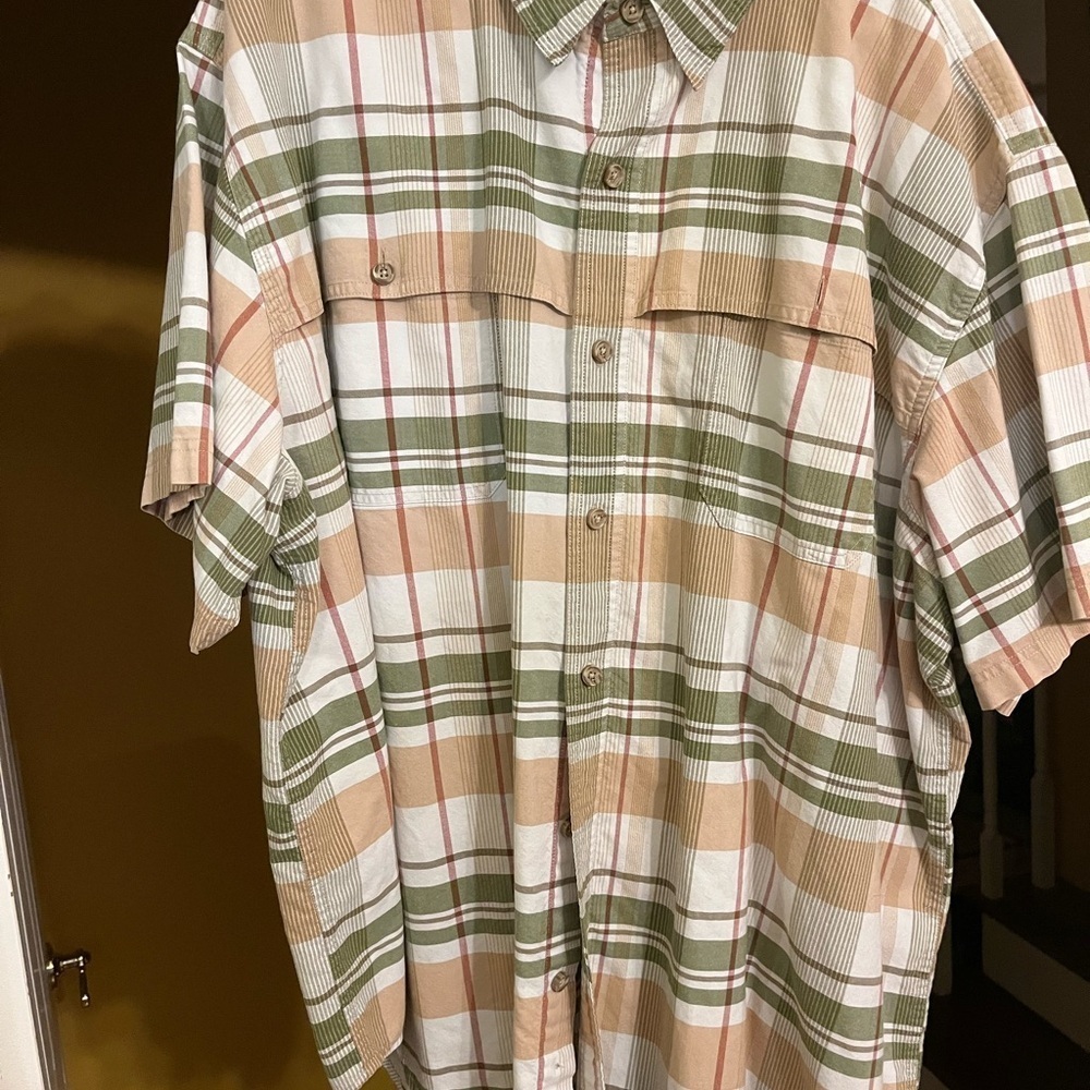Green and Tan Casual Plaid Button Down Shirt